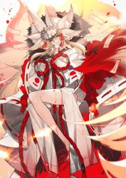 Rule 34 | 1girl, animal ear fluff, animal ears, beast iv:l, blonde hair, blood, blood on feet, blood on leg, bow, closed mouth, crown, extra ears, fate/grand order, fate (series), fingernails, fire, floating, fox ears, fox girl, fox tail, fur-trimmed kimono, fur trim, hair between eyes, hair bow, hair ribbon, highres, japanese clothes, kimono, kitsune, koyanskaya (fate), koyanskaya (lostbelt beast:iv) (fate), long hair, long sleeves, looking at viewer, multiple tails, no-kan, red bow, red ribbon, ribbon, rope, sharp fingernails, shimenawa, sidelocks, smile, solo, tail, talisman, tamamo (fate), thighs, very long hair, white kimono, wide sleeves, yellow eyes