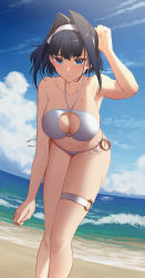 Rule 34 | 1girl, absurdres, arm up, armpit crease, armpits, beach, bikini, black hair, blue eyes, blue sky, blush, breasts, cleavage cutout, closed mouth, clothing cutout, cloud, collarbone, commentary, erezu, expressionless, feet out of frame, hair intakes, hairband, highres, hololive, hololive english, large breasts, leaning forward, looking at viewer, navel, ocean, ouro kronii, outdoors, short hair, side-tie bikini bottom, sky, solo, standing, stomach, swimsuit, symbol-only commentary, thigh strap, thighs, virtual youtuber, water, wet, wet hair, white bikini, white hairband