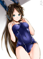 Rule 34 | 1girl, black hair, blue eyes, dragon girl, dragon horns, fins, gradient background, head fins, horns, karin (p&amp;d), long hair, one-piece swimsuit, puzzle &amp; dragons, school swimsuit, silver (chenwen), silver (pixiv5594793), solo, swimsuit