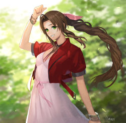 Rule 34 | 11mtri, 1girl, aerith gainsborough, bracelet, braid, braided ponytail, breasts, brown hair, choker, cropped jacket, dress, falling petals, final fantasy, final fantasy vii, final fantasy vii remake, green background, green eyes, hair ribbon, hand up, jacket, jewelry, medium breasts, parted bangs, petals, pink dress, pink ribbon, red jacket, ribbon, sidelocks, solo, square enix, upper body
