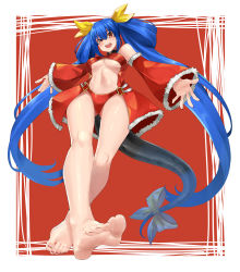 Rule 34 | 1girl, absurdres, alternate color, asymmetrical wings, bare shoulders, barefoot, bikini, black collar, blue hair, breasts, collar, dizzy (guilty gear), eiji (eiji), feet, foot focus, foreshortening, from below, gluteal fold, guilty gear, highres, large breasts, long hair, long sleeves, looking at viewer, nail polish, navel, open mouth, red background, red eyes, red nails, ribbon, smile, soles, solo, swimsuit, tail, toenail polish, toenails, underboob, wings