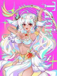 Rule 34 | bow, dancing archer tinia, english text, goudongxi, guardian tales, highres, holding, holding weapon, open clothes, open mouth, pink background, red eyes, weapon, white hair
