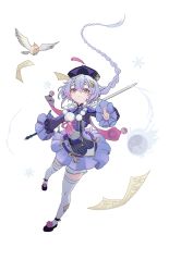 Rule 34 | 1girl, absurdres, blue hair, braid, braided ponytail, closed mouth, feimao (fmfeimao), full body, genshin impact, highres, holding, holding sword, holding weapon, jiangshi, long hair, long sleeves, looking at viewer, ofuda, purple eyes, qiqi (genshin impact), simple background, sword, thighhighs, weapon, white background, white thighhighs, yin yang