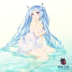 Rule 34 | 1girl, absurdres, barefoot, blue hair, blush, breasts, cleavage, gradient background, highres, long hair, no shoes, original, partially submerged, red eyes, shoufukucho, sitting, small breasts, solo, strap slip, twintails, water, watermark, web address