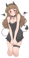 Rule 34 | 1girl, absurdres, black camisole, black choker, blunt bangs, blush, brown hair, camisole, choker, collarbone, cropped legs, demon horns, demon tail, demon wings, heart, heart-shaped pupils, highres, horns, idolmaster, idolmaster cinderella girls, kamiya nao, long hair, red eyes, simple background, solo, straight hair, symbol-shaped pupils, tail, thick eyebrows, thigh strap, wasabijoyu76, white background, wings