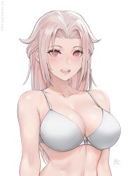 Rule 34 | 1girl, artist name, bare shoulders, bra, breast focus, breasts, chloe (sciamano240), cleavage, collarbone, dated, flipped hair, forehead, freckles, hair intakes, highres, large breasts, long hair, looking at viewer, original, parted bangs, pink hair, red eyes, ringed eyes, sciamano240, signature, simple background, solo, stomach, underwear, underwear only, upper body, white background, white bra