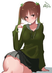 Rule 34 | 1girl, absurdres, alternate costume, alternate hairstyle, artist logo, artist name, black skirt, brown eyes, brown hair, cowboy shot, drawstring, dress, green sweater, highres, hood, hooded sweater, kantai collection, lanthan, long hair, ooi (kancolle), pleated dress, simple background, skirt, solo, sweater, white background