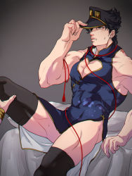 Rule 34 | 1boy, adjusting clothes, adjusting headwear, birthmark, black hair, black legwear, blue eyes, bracelet, chest cutout, china dress, chinese clothes, cleavage cutout, clothing cutout, dio brando, dress, duplicate, hat, jewelry, joestar birthmark, jojo no kimyou na bouken, large pectorals, less end, male focus, muscular, muscular male, pectorals, pixel-perfect duplicate, solo focus, stardust crusaders, thighhighs, tight clothes, tight dress