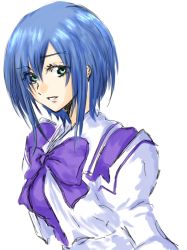 Rule 34 | 1girl, blue eyes, blue hair, bow, hair behind ear, hakuryou high school uniform, highres, juliet sleeves, kashiwagi haruko, long sleeves, looking to the side, maizu, muv-luv, parted lips, puffy sleeves, purple bow, school uniform, serafuku, short hair, smile, solo, upper body, white background
