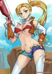 Rule 34 | 1girl, absurdres, aqua eyes, argyle, argyle clothes, argyle cutout, bare shoulders, between breasts, bikini, bikini top only, blonde hair, blue shorts, blue sky, breasts, brown gloves, brown vest, calamity jane (fate), choker, cleavage, clothing cutout, cropped vest, day, earrings, fate/grand order, fate (series), fingerless gloves, gloves, gun, hand on own hip, highres, hip vent, hoop earrings, jewelry, large breasts, long hair, looking at viewer, navel, ninnin (shishitou), parted bangs, red bikini, short shorts, shorts, side ponytail, sky, solo, star tattoo, swimsuit, tattoo, thighhighs, thighs, two-tone shorts, vest, weapon, white thighhighs