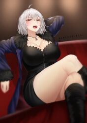 Rule 34 | 1girl, absurdres, ahoge, arm behind head, blonde hair, blue coat, blush, boots, breasts, cleavage, coat, crossed legs, fate/grand order, fate (series), fur-trimmed coat, fur trim, hair between eyes, highres, jeanne d&#039;arc alter (fate), jeanne d&#039;arc alter (ver. shinjuku 1999) (fate), knee boots, large breasts, looking at viewer, miso tanuki, necktie, open clothes, open coat, short hair, sitting, solo, thighs, yellow eyes