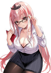 Rule 34 | 1girl, alternate costume, black skirt, blunt bangs, book, breasts, cleavage, collared shirt, commentary, glasses, hair behind ear, harimoji, holding, holding book, hololive, hololive english, large breasts, looking at viewer, mori calliope, pantyhose, pink hair, pinstripe pattern, pinstripe skirt, shirt, shirt tucked in, sitting, skirt, solo, striped, symbol-only commentary, tiara, virtual youtuber, white shirt