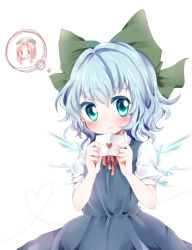 Rule 34 | 1girl, blue dress, blue eyes, blue hair, blush, braid, cirno, cowboy shot, dress, expressionless, flat cap, hair intakes, hair ribbon, hat, hong meiling, ice, ice wings, kuromame (8gou), letter, looking at viewer, love letter, puffy short sleeves, puffy sleeves, red hair, red ribbon, ribbon, short sleeves, simple background, solo, star (symbol), thought bubble, touhou, twin braids, white background, wings, yuri
