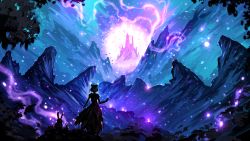 Rule 34 | 1girl, abstract, animal, bird, rabbit, castle, colorful, dress, fantasy, from behind, glowing, hair horns, hand up, highres, magic, mountain, multicolored background, original, rykyart, scenery, short hair, short sleeves, solo, standing, tagme, torn clothes, torn dress, tree