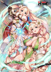 Rule 34 | 2girls, armor, bad link, blonde hair, blue eyes, book, braid, breasts, cape, clothing cutout, company name, copyright name, detached sleeves, elf, flower, gloves, hair flower, hair ornament, highres, holding, holding sword, holding weapon, huge breasts, kink (tortoiseshell), long hair, looking at viewer, magic, multiple girls, navel cutout, open book, open mouth, original, pelvic curtain, photoshop (medium), pointy ears, small breasts, sword, thighhighs, tiara, twin braids, twintails, two-handed, very long hair, weapon, white thighhighs