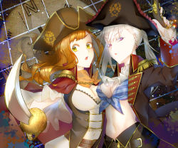 Rule 34 | 2girls, ascot, belt, black belt, black clover, black coat, bra, breasts, brown belt, brown hair, cleavage, coat, crop top, cutlass, earrings, epaulettes, frilled sleeves, frills, frit 2, gun, hat, holding, holding weapon, jewelry, long sleeves, looking at viewer, medium breasts, midriff, mimosa vermillion, multiple girls, navel, noelle silva, pirate, pirate costume, pirate hat, short twintails, silver hair, striped bra, striped clothes, sword, twintails, underwear, weapon