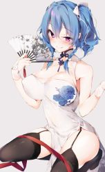 Rule 34 | 1girl, :q, azur lane, bad id, bad pixiv id, black thighhighs, blue hair, blush, bow, braid, breasts, cleavage, closed mouth, folding fan, garter straps, grey background, hair between eyes, hair bow, hand fan, hands up, highres, holding, holding fan, kneeling, large breasts, pelvic curtain, purple eyes, side braid, side slit, simple background, smile, solo, st. louis (azur lane), st. louis (blue and white pottery) (azur lane), sushimekabu, thighhighs, thighs, tongue, tongue out, twintails, white bow