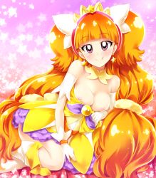 Rule 34 | 1girl, :q, amanogawa kirara, bare shoulders, blush, breasts, cure twinkle, detached collar, detached sleeves, earrings, female focus, gloves, go! princess precure, jewelry, large breasts, long hair, looking at viewer, magical girl, mini koala, nipples, orange hair, precure, purple eyes, smile, solo, star (symbol), star earrings, tongue, tongue out, twintails, very long hair, white gloves