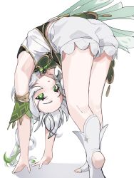 1girl :o angeldu armpits bloomers cape cross-shaped_pupils dress genshin_impact gold_trim gradient_hair green_cape green_eyes green_hair green_sleeves highres looking_at_viewer multicolored_hair nahida_(genshin_impact) side_ponytail simple_background solo stirrup_footwear stirrup_legwear stretching symbol-shaped_pupils toeless_footwear toeless_legwear underwear white_background white_bloomers white_dress white_hair