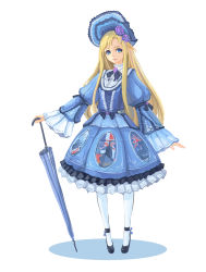 Rule 34 | 1girl, blonde hair, blue bow, blue bowtie, blue dress, blue eyes, bonnet, bow, bowtie, closed umbrella, dress, flower, frills, full body, hair flower, hair ornament, hms warspite, kantai collection, lolita fashion, long hair, long sleeves, looking at viewer, md5 mismatch, original, pacific (kancolle), pantyhose, planted, planted umbrella, purple flower, purple rose, resolution mismatch, rose, sidelocks, sima naoteng, simple background, solo, source larger, standing, umbrella, very long hair, white background, white pantyhose, wide sleeves