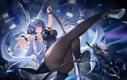Rule 34 | 1girl, a shui, absurdres, anchor ornament, animal ears, arm strap, armpits, azur lane, bodystocking, cleavage, fake animal ears, hair intakes, heart, high heels, highres, holding, holding instrument, instrument, leotard, manjuu (azur lane), new jersey (azur lane), new jersey (exhilarating steps!) (azur lane), nightclub, official alternate costume, outstretched arms, oversized breast cup, playboy bunny, pole, pole dancing, rabbit ears, see-through, see-through cleavage, stage lights, strapless, strapless leotard, stripper pole, sunglasses, wrist cuffs