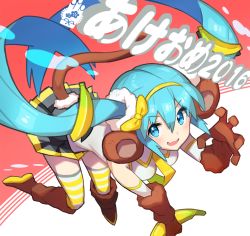 Rule 34 | 10s, 1girl, 2016, :d, animal ears, banana, blue eyes, blue hair, boots, food, fruit, gloves, hairband, happy new year, hatsune miku, highres, long hair, looking at viewer, matching hair/eyes, monkey ears, monkey tail, new year, open mouth, saitou naoki, skirt, smile, solo, striped clothes, striped thighhighs, tail, thighhighs, very long hair, vocaloid