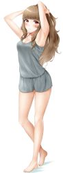 Rule 34 | 1girl, absurdres, armpits, bare arms, bare legs, barefoot, blouse, blunt bangs, blush, breasts, brown hair, cleavage, commentary request, frown, full body, grey shirt, grey shorts, highres, idolmaster, idolmaster cinderella girls, kamiya nao, long hair, looking at viewer, medium breasts, red eyes, shirt, short shorts, shorts, simple background, sleeveless, sleeveless shirt, solo, standing, thick eyebrows, white background, yumemo