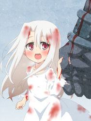 Rule 34 | 1girl, blood, dress, fate/stay night, fate (series), heracles (fate), holding hands, illyasviel von einzbern, long hair, official alternate costume, rags, red eyes, size difference, snow, solo focus, torn clothes, torn dress, white dress, white hair, yaya (20090410)