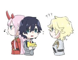 Rule 34 | 10s, 1girl, 2boys, bad id, bad twitter id, banana, black hair, blue eyes, darling in the franxx, food, fruit, green eyes, hiro (darling in the franxx), holding, holding food, holding fruit, horns, leje39, long hair, looking at another, military, military uniform, multiple boys, nine alpha (darling in the franxx), oni horns, pink hair, short hair, uniform, zero two (darling in the franxx)