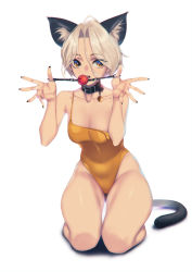 Rule 34 | 1girl, animal ears, ball gag, bare arms, bare legs, bare shoulders, black collar, black nails, blonde hair, blueorca, breasts, cat, cat ears, cat girl, cat tail, cleavage, collar, collarbone, commentary, gag, hands up, highleg, highleg leotard, highres, holding, holding gag, kneeling, leotard, looking at viewer, medium breasts, nail polish, open mouth, orange leotard, original, saliva, short hair, simple background, solo, tail, thighs, torn straps, wiffle gag