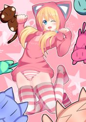 Rule 34 | 1girl, ;), animal hood, blonde hair, blue eyes, blush, breasts, cameltoe, cat, cat hood, dead or alive, dead or alive 5, full body, hair over shoulder, hood, hoodie, jumping, long hair, low twintails, marie rose, nishisan (mikurosu), no pants, no shoes, one eye closed, panties, paw pose, pink panties, pink thighhighs, skindentation, small breasts, smile, solo, striped clothes, striped panties, thighhighs, twintails, underwear