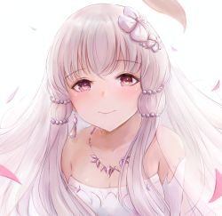 Rule 34 | 1girl, breasts, bride, cleavage, closed mouth, dress, fire emblem, fire emblem: three houses, hair ornament, jewelry, leonmandala, long hair, lysithea von ordelia, necklace, nintendo, petals, pink eyes, simple background, smile, solo, upper body, wedding dress, white background, white hair