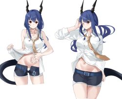 Rule 34 | 1girl, arknights, black shorts, blue hair, ch&#039;en (arknights), closed mouth, collarbone, collared shirt, dragon girl, dragon horns, dragon tail, highres, horns, lily0428, long hair, long sleeves, looking at viewer, midriff, navel, necktie, one eye closed, open fly, panties, partially unbuttoned, red eyes, shirt, short shorts, shorts, sleeveless, sleeveless shirt, tail, underwear, white panties, white shirt, yellow necktie