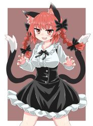 Rule 34 | 1girl, alternate costume, animal ears, black bow, black dress, black neckwear, black tail, bow, braid, breasts, brown background, buttons, cat ears, cat tail, chups, collared shirt, dress, extra ears, fang, fingernails, frilled dress, frilled shirt collar, frills, hair bow, highres, kaenbyou rin, long fingernails, long sleeves, looking at viewer, medium hair, multiple tails, nail polish, open mouth, red eyes, red hair, red nails, shirt, simple background, solo, tail, touhou, two tails, white shirt, white sleeves