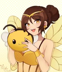Rule 34 | 1girl, arthropod girl, bee, blush, breasts, brown eyes, brown hair, bug, cleavage, commission, earrings, freckles, hair bun, highres, insect, insect wings, jewelry, lips, looking at viewer, medium breasts, open mouth, original, rukiadaichi, short hair, smile, solo, teeth, upper body, upper teeth only, wings