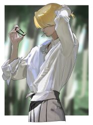 Rule 34 | 1boy, absurdres, blonde hair, border, cigarette, closed mouth, collared shirt, cropped legs, from side, hair over eyes, hand on own head, highres, holding hair tie, long sleeves, male focus, one piece, sanji (one piece), shirt, short hair, solo, tokoni fusu, tying hair, white border, white shirt
