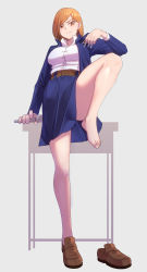 Rule 34 | 1girl, arm support, bare legs, barefoot, belt, blue jacket, blue skirt, breasts, brown belt, brown footwear, chinese commentary, collared shirt, commentary request, eyelashes, feet, fine fabric emphasis, grey background, hand up, highres, jacket, jujutsu kaisen, kugisaki nobara, large breasts, leaning back, legs, loafers, looking at viewer, medium hair, orange eyes, orange hair, parted lips, shirt, shoes, simple background, single shoe, skirt, solo, standing, standing on one leg, swept bangs, thighs, toes, unworn shoe, unworn shoes, white shirt, yamauchi (conan-comy)
