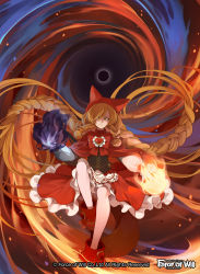 Rule 34 | 1girl, apron, black sclera, blonde hair, boots, braid, cape, colored sclera, company name, fire, force of will, hood, long hair, nyarlathotep (force of will), official art, sitting, solo, twin braids, yellow eyes, yuko (uc yuk)