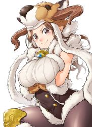 Rule 34 | &gt;:), 10s, 1girl, animal hat, bell, breast hold, breasts, brown eyes, brown gloves, brown hair, crossed arms, daetta (granblue fantasy), draph, fur trim, gloves, granblue fantasy, hat, horns, jingle bell, knee pads, large breasts, long hair, looking at viewer, onsoku inu, pantyhose, pointy ears, simple background, solo, v-shaped eyebrows, white background