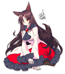 Rule 34 | 1girl, animal ears, breasts, brooch, brown hair, closed mouth, commentary request, dress, frilled dress, frilled sleeves, frills, full body, highres, imaizumi kagerou, jewelry, large breasts, long hair, long sleeves, looking at viewer, partial commentary, red dress, red eyes, signature, simple background, sitting, smile, solo, tail, touhou, umigarasu (kitsune1963), very long hair, white background, white dress, wide sleeves, wolf ears, wolf tail