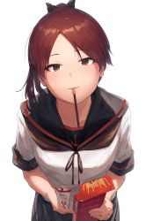 Rule 34 | 1girl, blush, brown eyes, brown hair, brown sailor collar, commentary request, food, food in mouth, hair ribbon, highres, holding, holding food, holding pocky, i-coat, kantai collection, lips, looking at viewer, mouth hold, parted lips, pleated skirt, pocky, pocky day, ponytail, ribbon, sailor collar, school uniform, serafuku, shikinami (kancolle), shikinami kai ni (kancolle), simple background, skirt, smile, solo, white background