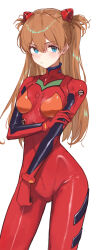 Rule 34 | 1girl, :/, absurdres, arm between breasts, artist request, between breasts, between legs, blue eyes, bodysuit, breasts, brown hair, closed mouth, cowboy shot, hair between eyes, hand between legs, headgear, highres, long hair, looking at viewer, neon genesis evangelion, plugsuit, red bodysuit, shiny clothes, solo, souryuu asuka langley, turtleneck, wide hips
