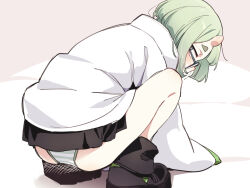 1girl akira_(ogami_kazuki) ass asutora black-framed_eyewear black_boots black_skirt boots borrowed_character commentary_request from_behind glasses green_hair green_panties horns jacket looking_at_viewer oni original panties skirt solo squatting striped_clothes striped_panties thick_eyebrows thighs underwear white_jacket