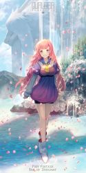 Rule 34 | blue eyes, breasts, cleavage, day, demel lunarian, dragon, dress, highres, long hair, long sleeves, looking at viewer, outdoors, petals, pink hair, pixiv fantasia, pixiv fantasia age of starlight, rackety, smile, solo, standing, water, white footwear