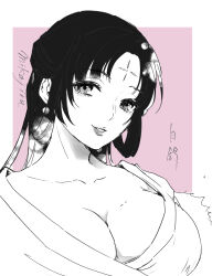 Rule 34 | 1girl, absurdres, breasts, chinese clothes, cleavage, closed mouth, collarbone, earrings, facial mark, forehead mark, greyscale with colored background, hair rings, half updo, hanfu, highres, jewelry, kusuriya no hitorigoto, large breasts, lipstick, long hair, looking at viewer, makeup, mandarino, monochrome, pairin (kusuriya no hitorigoto), parted bangs, parted lips, smile, solo