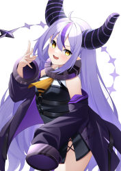 1girl :d absurdres ahoge bare_shoulders black_coat black_dress coat collar cowboy_shot demon_horns dress ekidona hand_up highres hololive horns la+_darknesss long_hair long_sleeves looking_at_viewer multicolored_hair off_shoulder open_clothes open_coat open_mouth short_dress sleeveless sleeveless_dress smile solo streaked_hair v-shaped_eyebrows very_long_hair virtual_youtuber white_background white_hair yellow_eyes