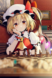 Rule 34 | 1girl, :t, ascot, blonde hair, blurry, chess piece, chessboard, crystal, depth of field, flandre scarlet, hat, hat ribbon, head rest, head tilt, indoors, looking at viewer, md5 mismatch, mob cap, painting (object), phone, pout, puffy short sleeves, puffy sleeves, red eyes, red ribbon, resolution mismatch, ribbon, short sleeves, side ponytail, sitting, solo, touhou, vest, white hat, wings, wrist cuffs, yuuka nonoko