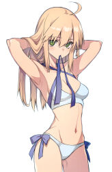 Rule 34 | 10mo, 1girl, adjusting hair, ahoge, arms up, artoria pendragon (all), artoria pendragon (fate), artoria pendragon (swimsuit archer) (fate), artoria pendragon (swimsuit archer) (first ascension) (fate), bikini, blue bow, bow, bow bikini, breasts, collarbone, cowboy shot, fate (series), green eyes, grey bikini, hands in hair, highres, long hair, looking at viewer, medium breasts, mouth hold, navel, ribbon, ribbon in mouth, saber (fate), simple background, solo, standing, stomach, swimsuit, tying hair, white background