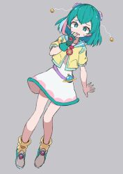 Rule 34 | 1girl, antennae, aqua gloves, blue sailor collar, covering own mouth, cropped jacket, dress, fingerless gloves, full body, gloves, green eyes, green hair, grey background, hagoromo lala, hand over own mouth, highres, jacket, looking at viewer, loose socks, multicolored hair, nervous, oosawa (azeeee73), open mouth, pink hair, precure, sailor collar, shoes, short hair, short sleeves, simple background, single glove, socks, solo, standing, star twinkle precure, streaked hair, white dress, yellow jacket, yellow socks