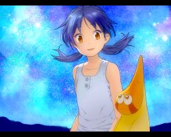 Rule 34 | 1girl, arms at sides, bare shoulders, blue hair, blue sky, brown eyes, cloud, eyelashes, flat chest, floating hair, highres, hill, hoshimaru, letterboxed, long hair, looking at another, looking at viewer, looking up, narutaru, night, outdoors, parted lips, pico (user kgxh8534), raised eyebrows, single bare shoulder, sky, sleeveless, smile, solo, sparkle, star (sky), starry sky, tamai shiina, tank top, twintails, white tank top